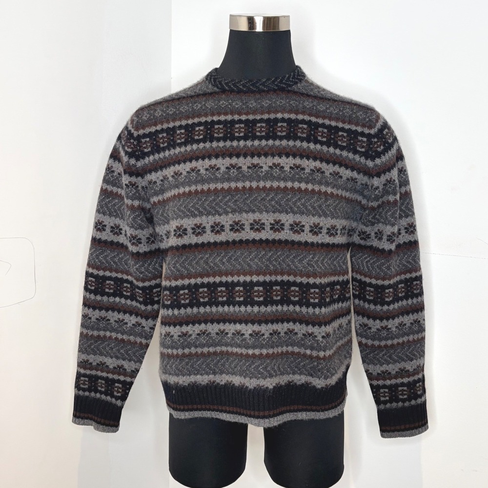 Black Brown 1826 Cashmere Sweater Mens L‎ Grey Fair Isle Excellent Crewneck
